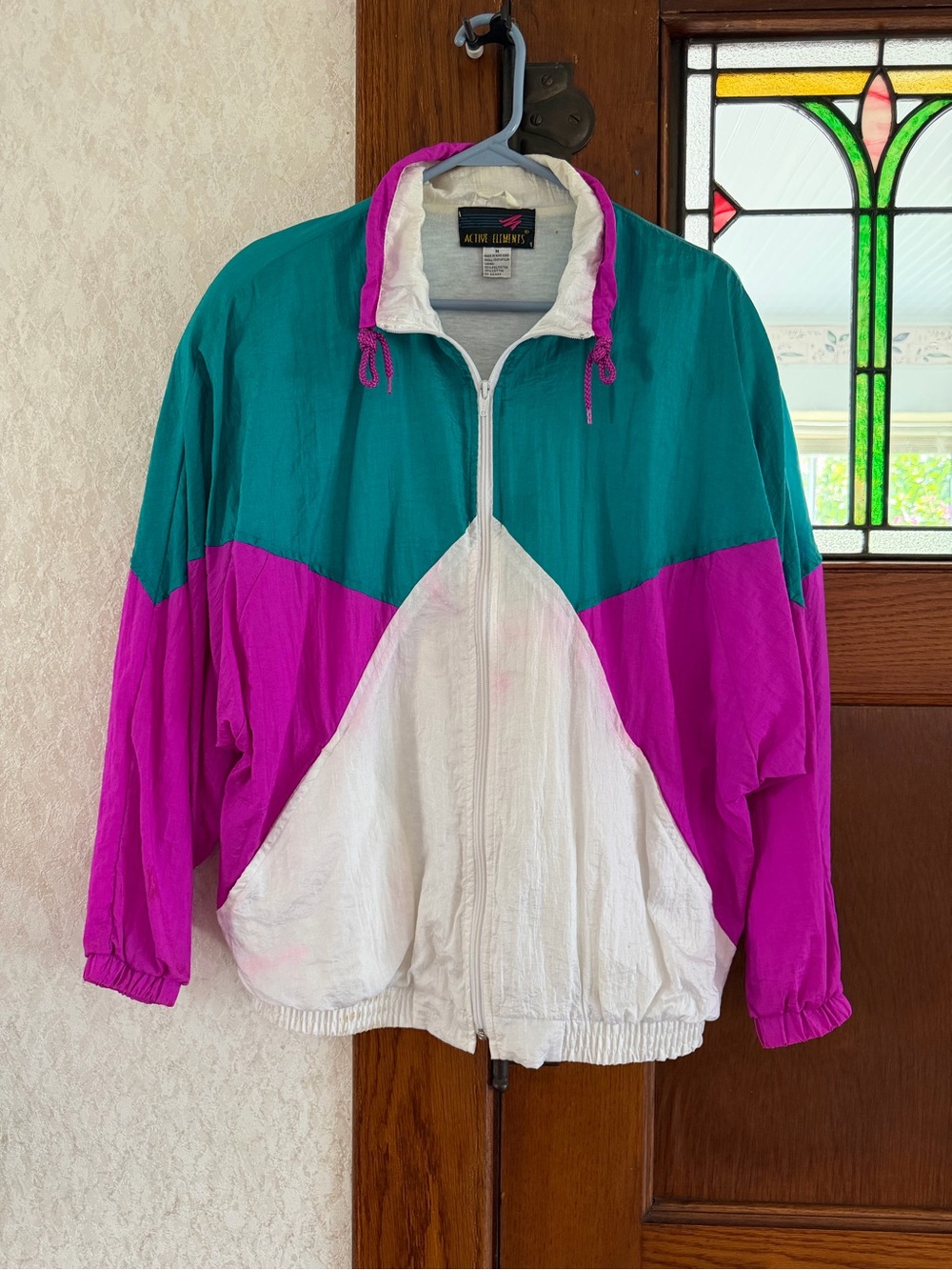 Active Elements Vintage Colorblock Windbreaker Jacket - Teal, Fuchsia & White